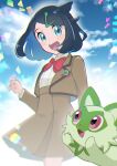  1girl :d black_hair blue_eyes blurry bow bowtie brown_jacket brown_skirt clouds commentary_request cowlick day hair_ornament hairclip hand_up highres jacket liko_(pokemon) long_sleeves looking_at_viewer looking_down mitsuha_(bless_blessing) open_clothes open_jacket open_mouth outdoors pokemon pokemon_(anime) pokemon_(creature) pokemon_sv_(anime) red_bow red_bowtie shirt skirt sky smile sprigatito teeth tongue upper_teeth_only white_shirt 