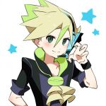  1boy black_shirt black_wristband blonde_hair blush claw_pose closed_mouth collarbone commentary_request curtis_(pokemon) green_eyes green_hair hair_between_eyes hand_up headset highres looking_at_viewer male_focus microphone mole mole_under_mouth multicolored_hair poke_ball_print pokemon pokemon_(game) pokemon_bw2 shibori_(shibootachi) shirt short_sleeves smile solo spiky_hair star_(symbol) two-tone_hair upper_body white_background yellow_jabot 