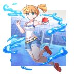  1girl alternate_costume armpits asymmetrical_hair breasts denim denim_shorts dreizakuro green_eyes hair_tie highres holding holding_poke_ball legs looking_at_viewer medium_breasts misty_(pokemon) navel open_mouth orange_hair poke_ball poke_ball_(basic) pokemon pokemon_(game) pokemon_lgpe ponytail pool shirt short_hair short_shorts shorts side_ponytail solo water white_shirt wide_hips 