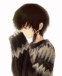  1girl asymmetrical_hair black_eyes black_hair expressionless hair_ornament hairclip highres iwakura_lain own_hands_clasped own_hands_together print_sweater ranm12s serial_experiments_lain short_hair simple_background single_sidelock sleeves_past_wrists solo sweater upper_body white_background x_hair_ornament 