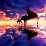  2boys belt black_pants brown_belt brown_hair clouds cloudy_sky collared_shirt full_body grey_hair highres ikari_shinji instrument looking_at_another male_focus multiple_boys music nagisa_kaworu neon_genesis_evangelion pants piano piano_bench playing_instrument playing_piano rain shirt short_hair short_sleeves sitting sky tousok unhappy white_shirt 