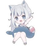  1girl :d animal_bag animal_ear_fluff animal_ears bag blue_eyes blue_hair blue_skirt blunt_bangs blush cat_ears chibi commentary cube_hair_ornament fang fins fish_tail frilled_sleeves frills gawr_gura grey_hair hair_ornament hand_up handbag highres hocmiya hololive hololive_english invisible_chair looking_at_viewer multicolored_hair sandals shark_bag shark_girl shark_tail shirt short_sleeves side_ponytail sidelocks simple_background sitting skin_fang skirt skirt_set smile solo streaked_hair symbol-only_commentary tail virtual_youtuber waving white_background white_shirt 