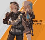  2girls absurdres aiming beret blonde_hair blue_eyes blue_ribbon copyright_name counter-strike_(series) cowboy_shot ear_protection english_commentary frown fur_collar gar32 gauze girls&#039;_frontline_2:_exilium girls_frontline gloves gun hair_between_eyes hat highres holding holding_gun holding_weapon long_sleeves looking_away magazine_(weapon) multiple_girls muzzle_brake neck_ribbon open_mouth ots-14 ots-14_(girls&#039;_frontline) parody plaid plaid_skirt plate_carrier ribbon shirt short_hair side_ponytail skirt smoke_grenade standing striped striped_shirt tactical_clothes thigh_pouch vepley_(girls&#039;_frontline_2) vepr-12 vertical_foregrip vest weapon white_headwear yellow_eyes yellow_vest 