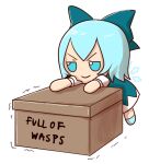  1girl artist_name blue_bow blue_dress blue_eyes blue_hair bow box cardboard_box character_doll chibi cirno dress fumo_(doll) hair_bow ice ice_wings pinafore_dress puffy_short_sleeves puffy_sleeves ribbon short_hair short_sleeves simple_background skullchimes sleeveless sleeveless_dress smile solo touhou v-shaped_eyebrows white_background wings 