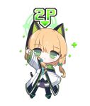  1girl :&lt; animal_ear_headphones animal_ears arm_up blonde_hair blue_archive blue_necktie blush bow cat_tail chibi closed_mouth commentary_request expressionless fake_animal_ears full_body green_eyes hair_between_eyes hair_bow halo headphones jacket medium_hair midori_(blue_archive) momori_sensei multicolored_clothes multicolored_jacket necktie open_clothes parted_bangs simple_background solo standing tail thigh-highs white_background wide_sleeves 