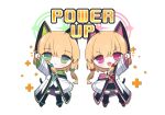  2girls :&lt; animal_ear_headphones animal_ears arm_up blonde_hair blue_archive blue_necktie blush bow cat_ear_headphones cat_tail chibi closed_mouth commentary_request english_text expressionless fake_animal_ears full_body green_eyes hair_between_eyes hair_bow halo headphones highres jacket medium_hair midori_(blue_archive) momoi_(blue_archive) momori_sensei multicolored_clothes multicolored_jacket multiple_girls necktie open_clothes open_mouth parted_bangs pleated_skirt siblings simple_background sisters skirt smile standing tail thigh-highs twins white_background wide_sleeves 