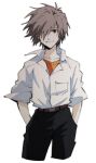  1boy absurdres closed_mouth collared_shirt grey_hair hair_over_one_eye highres looking_at_viewer male_focus nagisa_kaworu neon_genesis_evangelion official_style one_eye_covered orange_shirt parody red_eyes shirt short_hair short_sleeves smile solo style_parody tousok white_shirt 