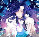  1boy bags_under_eyes bandaged_head bandaged_neck bandages black_shirt blue_background coat granblue_fantasy lapel_pin long_hair looking_at_viewer male_focus messy_hair open_collar orologia_(male) parted_lips pov pov_hands purple_hair reaching rimuro shards shirt solo straight-on surprised swept_bangs transparent upper_body violet_eyes wavy_hair white_coat wide-eyed 
