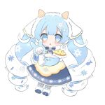 1girl :o animal beamed_eighth_notes bell blue_bow blue_bowtie blue_eyes blue_footwear blue_hair blue_hood blue_mittens blue_skirt blush boots bow bowtie capelet cheese chibi commentary curly_hair earmuffs eighth_note fake_horns food fur-trimmed_boots fur_trim hair_ornament hatsune_miku highres holding holding_animal horns ice_cream_cone layered_skirt light_blue_hair long_hair looking_at_viewer mimm_02 musical_note musical_note_hair_ornament neck_bell open_mouth pacifier rabbit_yukine skirt solo sprinkles swiss_cheese twintails very_long_hair vocaloid waffle_cone white_background white_hair white_headdress yellow_capelet yellow_skirt yuki_miku