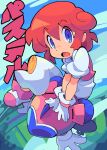  1girl absurdres bacun blue_eyes blue_sky clouds cloudy_sky commentary curly_hair english_commentary flying gloves highres looking_at_viewer open_mouth outdoors pants pastel_(twinbee) pink_hair puffy_short_sleeves puffy_sleeves robot short_hair short_sleeves sky smiley_face translation_request twinbee white_gloves white_pants winbee 