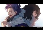  2boys back-to-back bags_under_eyes black_eyes black_hair bloom boku_no_hero_academia bright_pupils chromatic_aberration commentary_request eraser_head_(boku_no_hero_academia) facial_hair film_grain from_side grey_scarf hair_slicked_back hand_on_mask hands_up head_down high_collar highres jacket letterboxed long_scarf looking_ahead looking_away male_focus mask mask_around_neck medium_hair messy_hair mouth_mask multiple_boys nakamu_405 open_mouth parted_lips partial_commentary pixiv_username portrait profile purple_hair scar scar_on_face scarf scarf_grab shinsou_hitoshi short_hair sidelighting sideways_mouth simple_background smile stubble sweatdrop track_jacket twitter_username u.a._gym_uniform violet_eyes white_background white_pupils 
