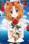  1girl animal_ears artist_name brown_eyes clip_studio_paint_(medium) clouds cloudy_sky commentary_request crying dress eye_reflection facial_mark flower forehead_mark holding holding_flower okotte-neko orange_hair original parted_lips partially_submerged petals petals_on_liquid red_flower red_panda red_rose reflection rose short_hair sky solo spaghetti_strap strap_slip streaming_tears sundress tears water 