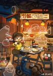  1girl absurdres baseball_cap black_headwear blush bowl brown_hair brown_pants cat chopsticks ghost hat highres holding holding_bowl holding_chopsticks looking_away moped motor_vehicle open_mouth original pants short_hair sitting smile solo stool table translation_request yukichi_nya 