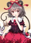  1girl animal_ears cosplay frilled_shirt_collar frills highres medicine_melancholy medicine_melancholy_(cosplay) medium_hair mouse_ears mouse_tail nazrin one-hour_drawing_challenge red_skirt ruu_(tksymkw) short_sleeves skirt tail touhou 