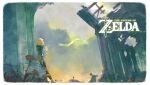  absurdres against_wall blonde_hair campfire dragon eastern_dragon eating farosh flower highres hood kchang57 link logo princess_zelda princess_zelda_(botw) rain ruins scenery sky temple_of_time the_legend_of_zelda the_legend_of_zelda:_breath_of_the_wild wide_shot 