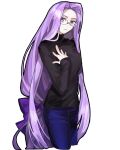  1girl absurdly_long_hair denim fate/stay_night fate_(series) forehead glasses hair_ribbon highres jeans long_hair looking_at_viewer medusa_(fate) medusa_(rider)_(fate) pants purple_hair purple_ribbon ribbon simple_background solo turtleneck upper_body user_murs5522 very_long_hair violet_eyes white_background 