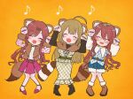  3girls ^_^ ahoge alstroemeria_(idolmaster) anam95 animal_ears ankle_boots blue_jacket blue_nails blue_shorts blush boots brown_hair closed_eyes dancing dress fake_animal_ears fake_tail fur-trimmed_boots fur-trimmed_jacket fur-trimmed_shorts fur_trim glasses green_dress green_nails hair_between_eyes hair_ornament hair_over_shoulder hairclip high_heels idolmaster idolmaster_shiny_colors jacket kuwayama_chiyuki leaf leaf_on_head long_hair long_sleeves looking_at_viewer multiple_girls musical_note open_clothes open_jacket open_mouth osaki_amana osaki_tenka paw_pose pigeon-toed pink_jacket pink_nails plaid raccoon_ears raccoon_tail red_skirt shorts siblings sisters skirt smile swept_bangs tail twins yellow_background 
