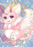  animal_ear_fluff blue_background brown_eyes commentary_request commission creature fang feathered_wings heart heart-shaped_pupils horns kou_hiyoyo looking_at_viewer open_mouth original pawpads polka_dot polka_dot_background skeb_commission solo symbol-shaped_pupils white_wings wings 
