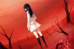  1girl absurdres arm_at_side bare_tree black_hair black_socks blue_eyes dutch_angle from_behind highres innocent_grey jacket kara_no_shoujo_2 kneehighs kuchiki_touko long_hair long_sleeves looking_to_the_side official_art pleated_skirt red_sky scan school_uniform skirt sky socks solo sugina_miki tree wading water white_jacket white_skirt 