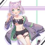  1girl :d animal_ear_fluff animal_ears black_shorts cat_ears cat_girl cat_tail commission crop_top gradient_hair green_eyes green_hair highres indie_virtual_youtuber jacket light_purple_hair long_sleeves looking_at_viewer midriff momon_mc multicolored_hair navel off_shoulder open_clothes open_jacket purple_jacket second-party_source short_hair short_shorts shorts shwaa single_thighhigh skeb_commission sleeves_past_fingers sleeves_past_wrists smile stomach strap_slip tail thigh-highs thigh_strap virtual_youtuber white_thighhighs 