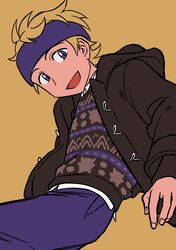  1boy :d alternate_costume blonde_hair brown_jacket collared_shirt commentary elizabeth_(tomas21) grey_eyes headband highres hood hood_down jacket long_sleeves looking_down male_focus morty_(pokemon) open_mouth pants pokemon pokemon_(game) pokemon_hgss purple_headband purple_pants shirt short_hair simple_background smile solo sweater tongue white_shirt yellow_background 