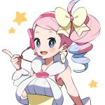  1girl :d blue_eyes blush bow bright_pupils commentary_request earrings eyelashes hairband hand_up headset highres index_finger_raised jewelry looking_at_viewer microphone mole mole_under_eye open_mouth pink_hair pink_hairband pokemon pokemon_(game) pokemon_bw2 shibori_(shibootachi) side_ponytail smile solo star_(symbol) teeth tongue upper_body upper_teeth_only white_background white_pupils wrist_cuffs yancy_(pokemon) yellow_bow 