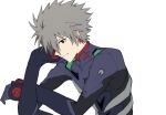  1boy bodysuit closed_mouth facing_to_the_side gloves grey_shirt looking_at_viewer male_focus nagisa_kaworu neon_genesis_evangelion official_style parody purple_gloves red_eyes shirt smile solo spiky_hair style_parody tousok white_background 
