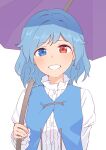  1girl blue_eyes blue_hair blue_vest blush center_frills commentary double-parted_bangs frills grin heterochromia highres holding holding_umbrella juliet_sleeves kanpa_(campagne_9) long_sleeves looking_at_viewer medium_hair puffy_sleeves purple_umbrella red_eyes shirt simple_background smile solo straight-on tatara_kogasa touhou umbrella upper_body vest wavy_hair white_background white_shirt 