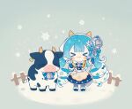 &gt;_&lt; 1girl :3 animal beamed_eighth_notes bell blue_bow blue_bowtie blue_hair blue_mittens blue_skirt blurry blurry_background boots bow bowtie capelet chibi closed_eyes commentary cow cowbell ear_tag earmuffs eighth_note facing_viewer fake_horns fence fur-trimmed_boots fur-trimmed_capelet fur_trim hair_ornament hatsune_miku headdress highres holding holding_staff horns ice_cream_cone inomo_(qimoshu) long_hair musical_note musical_note_hair_ornament neck_bell oversized_object skirt smile snow snowflakes snowing solo spoon sprinkles staff standing symbol-only_commentary twintails very_long_hair vocaloid waffle_cone wavy_hair white_hair white_headwear yellow_capelet yuki_miku