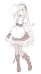  1girl absurdres apron arm_up asimo_(hakurei10201) blush boots braid breasts cosplay dress expressionless frilled_dress frills full_body g36_(girls&#039;_frontline) g36_(girls&#039;_frontline)_(cosplay) g36c_(girls&#039;_frontline) garter_straps girls_frontline hair_over_one_eye highres large_breasts long_hair maid maid_apron maid_headdress monochrome necktie puffy_short_sleeves puffy_sleeves short_sleeves simple_background solo spot_color standing thigh-highs very_long_hair waist_apron white_background 