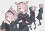  1girl :&lt; animal_ears avatar_(ff14) black_footwear black_hairband black_pantyhose black_sailor_collar black_serafuku black_shirt black_skirt cat_ears cat_girl cat_tail final_fantasy final_fantasy_xiv funa_(sakana) hair_over_one_eye hairband interlocked_fingers light_brown_hair long_sleeves miqo&#039;te own_hands_clasped own_hands_together pantyhose pleated_skirt sailor_collar school_uniform serafuku shirt short_hair skirt smile tail twitter_username violet_eyes 