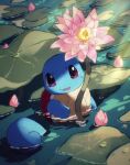  arc_draws commentary_request day flower highres leaf no_humans open_mouth outdoors partially_submerged pink_flower pokemon pokemon_(creature) solo squirtle violet_eyes water 