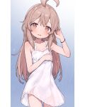  1girl ahoge arm_up armpits blush breasts brown_eyes brown_hair dress grey_background hand_in_own_hair hand_on_own_chest highres long_hair looking_at_viewer luckyeldayo onii-chan_wa_oshimai! short_dress simple_background small_breasts solo sundress white_dress 