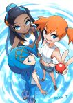  3girls artist_name asymmetrical_hair blue_eyes blue_hair dark_skin denim denim_shorts earrings hand_on_own_hip highres holding holding_poke_ball hoop_earrings jewelry lana_(pokemon) long_hair looking_at_viewer midriff misty_(pokemon) multicolored_hair multiple_girls navel necklace nessa_(pokemon) open_mouth orange_hair outdoors piercing poke_ball poke_ball_(basic) pokemon ponytail shorts side_ponytail signature streaked_hair swimsuit two-tone_hair yukari_(yukari21653710) 