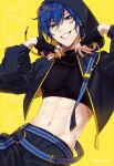  1boy artist_name belt black_gloves blue_belt blue_eyes blue_hair crop_top fingerless_gloves gloves grin hair_between_eyes highres hood hood_up hoodie kaito_(vocaloid) looking_at_viewer magical_mirai_(vocaloid) male_focus navel nokuhashi pants short_hair smile solo strap teeth vocaloid yellow_background 