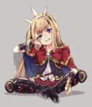  1girl black_footwear blonde_hair boots bow bracer brooch cagliostro_(granblue_fantasy) cape full_body gengorou granblue_fantasy grey_background grin hairband jewelry long_hair looking_at_viewer red_bow red_skirt simple_background sitting skirt smile solo spiked_hairband spikes straight-on teeth violet_eyes 