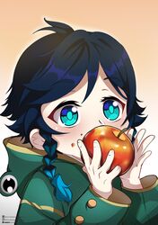  1boy absurdres aged_down animal_costume apple aqua_eyes black_hair blue_hair braid food frog_costume fruit genshin_impact gradient_hair green_hood highres holding holding_food holding_fruit hood lkari_shi long_sleeves male_focus multicolored_hair solo twin_braids venti_(genshin_impact) 