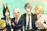  4boys ahoge alhaitham_(genshin_impact) alternate_costume animal_ear_fluff animal_ears artist_name autumn_leaves bag belt bird black_belt black_bow black_hair black_jacket black_necktie blonde_hair blue_eyes blue_sky blunt_ends book bouquet bow brown_bag buttons can closed_eyes closed_mouth clouds cloudy_sky collarbone collared_jacket collared_shirt crossed_arms cyno_(genshin_impact) dark-skinned_male dark_skin day earrings fingernails flower flying formal fox_boy fox_ears genshin_impact green_hair grey_hair grey_necktie grey_pants hair_between_eyes hair_over_one_eye hand_up highres holding holding_book holding_bouquet holding_can jacket jewelry kaveh_(genshin_impact) kelesz0906 leaf_earrings long_fingernails long_hair long_sleeves looking_at_another male_focus multicolored_hair multiple_boys necktie no_headwear open_clothes open_jacket open_mouth outdoors pants red_eyes shirt short_hair single_earring sky smile standing star_(symbol) star_print striped striped_necktie suit sunflower tighnari_(genshin_impact) tongue two-tone_hair v-shaped_eyebrows watermark white_shirt wing_collar wings 