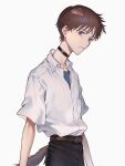  1boy belt black_choker black_pants blue_eyes blue_shirt brown_belt brown_hair choker collared_shirt ikari_shinji male_focus neon_genesis_evangelion pants parted_lips quwo school_uniform shirt short_bangs short_hair short_sleeves solo tail teeth tokyo-3_middle_school_uniform white_shirt 