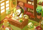  basket book bookshelf closed_eyes commentary_request cup dartrix decidueye desk globe highres holding holding_cup indoors jar monocle no_humans phone plant pokemon pokemon_(creature) portrait_(object) potted_plant quill reading rowlet rug saucer shelf spoon steam teacup uroko_(rwde4544) window 