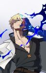  1boy ark1478 bishounen blonde_hair blue_eyes blue_hair dragon_install guilty_gear guilty_gear_strive highres ky_kiske long_sleeves looking_at_viewer male_focus pectorals red_eyes short_hair simple_background 