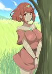  1girl absurdres bare_shoulders belt belt_buckle blue_sky bracelet breasts brown_belt buckle chest_jewel closed_mouth commentary_request cowboy_shot dress earrings grasslands highres jewelry looking_at_viewer medium_breasts pink_dress pyra_(xenoblade) red_eyes redhead ryochan96154 short_sleeves sky smile solo strapless strapless_dress swept_bangs tiara tree xenoblade_chronicles_(series) xenoblade_chronicles_2 