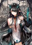  1girl arknights bare_shoulders black_hair black_jacket breasts dragon_girl dragon_horns dragon_tail dress dusk_(arknights) expressionless grey_hair hair_over_one_eye hand_up highres horns jacket joul_0704 long_hair looking_at_viewer medium_breasts multicolored_hair off_shoulder open_clothes open_jacket red_eyes sleeveless sleeveless_dress slit_pupils solo streaked_hair tail two-tone_hair very_long_hair white_dress wide_sleeves 