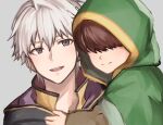  1boy 1other aged_down ambiguous_gender black_eyes black_robe brown_hair closed_mouth commentary_request covered_eyes fire_emblem fire_emblem:_the_blazing_blade fire_emblem_awakening fire_emblem_heroes green_robe grey_background hair_between_eyes highres hood hood_down hood_up hooded_robe looking_at_viewer mark_(fire_emblem:_the_blazing_blade) open_mouth robe robin_(fire_emblem) robin_(male)_(fire_emblem) short_hair simple_background smile teeth trait_connection upper_body upper_teeth_only white_hair zuzu_(ywpd8853) 