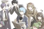  3boys 3girls ahoge angela_(project_moon) annoyed ascot belt black_ascot black_hair black_necktie blue_hair book brown_hair chair coat collared_shirt drunk formal green_hair hair_ornament highres hod_(project_moon) holding holding_book kankan33333 library_of_ruina light_blue_hair long_hair looking_at_another looking_to_the_side malkuth_(project_moon) multiple_boys multiple_girls necktie netzach_(project_moon) open_book open_mouth pants parted_lips project_moon purple_hair roland_(library_of_ruina) shirt short_hair simple_background sitting smile suit sweatdrop white_background white_shirt yellow_eyes yesod_(project_moon) 