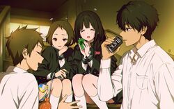  2boys 2girls :d artist_logo black_hair breast_pocket brown_eyes brown_hair can chitanda_eru fukube_satoshi green_eyes happy highres holding holding_can hyouka ibara_mayaka indoors kneehighs long_hair looking_at_another mery_(yangmalgage) multiple_boys multiple_girls open_mouth oreki_houtarou parted_bangs pocket profile school_uniform serafuku shirt short_hair sitting smile socks violet_eyes white_socks 