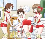  4girls arm_up bent_over blonde_hair brown_eyes brown_hair closed_eyes commentary elbow_pads frown girls_und_panzer gym_shirt gym_uniform hair_pulled_back hair_tie hairband harukai-i headband highres indoors isobe_noriko kawanishi_shinobu knee_pads kondou_taeko leaning_forward leg_up long_hair looking_at_another medium_hair multiple_girls one_eye_closed open_mouth ponytail red_headband red_shirt red_shorts red_socks sasaki_akebi shirt short_hair short_ponytail short_shorts short_sleeves shorts single_vertical_stripe sleeveless sleeveless_shirt smile socks sportswear standing sweatdrop t-shirt vaulting_horse volleyball volleyball_uniform white_hairband white_shirt window wristband 