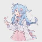  10xiao_maya 1girl alternate_costume blue_eyes blue_hair blue_nails blue_wings elira_pendora flower grey_background hair_flower hair_ornament hair_over_one_eye head_wings long_hair long_sleeves looking_at_viewer multicolored_bowtie nijisanji nijisanji_en one_eye_covered open_mouth pink_flower pink_skirt shirt simple_background skirt smile solo virtual_youtuber white_shirt wings 