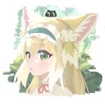  1girl animal_ears arknights blonde_hair blue_hairband blush commentary crossover film_grain fox_ears fox_girl frilled_hairband frills green_eyes hair_ornament hair_scrunchie hairband heixiu highres kattowu multicolored_hair neck_ribbon on_head parted_lips portrait red_ribbon ribbon scrunchie solo suzuran_(arknights) suzuran_(spring_praise)_(arknights) the_legend_of_luo_xiaohei two-tone_hair white_hair white_scrunchie 