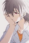  1boy closed_mouth collared_shirt facing_to_the_side grey_hair head_rest looking_at_viewer male_focus nagisa_kaworu neon_genesis_evangelion official_style parody red_eyes shirt short_hair solo spiky_hair style_parody tousok white_shirt yellow_shirt 